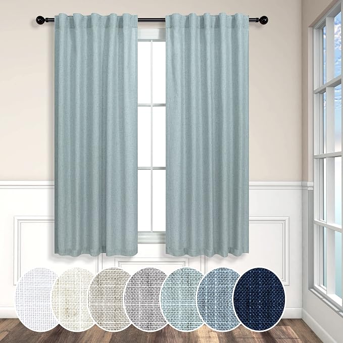 Seafoam Curtains 38 Inch Width for Kitchen 2 Panel Back Tab Rod Pocket Semi Sheer Linen Short Cafe Tier Blue Green Curtains for Bathroom Small Windows Basement Laundry Coastal Beach Wide 38x45 Length