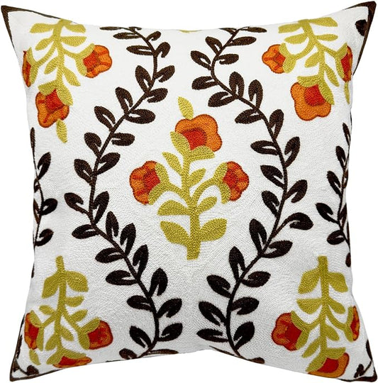 Alysheer Floral Embroidered Fall Decorative Throw Pillow Cover 18"x 18", Farmhouse Cottage Orange Flowers Brown Leaves Knit Pattern Cotton Canvas Cushion Case for Sofa Couch Bed Living Room Decor