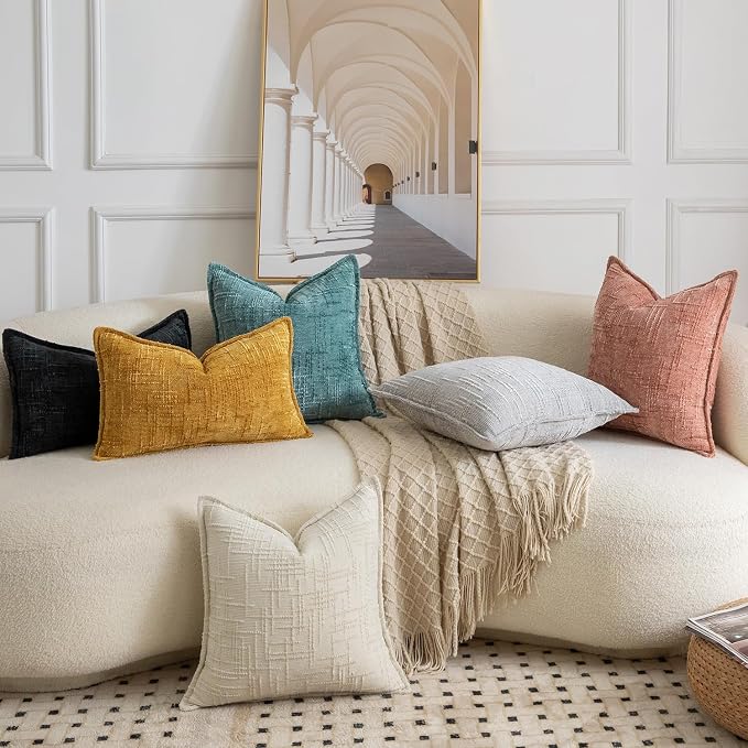MADIZZ Pack of 2 Chenille Throw Pillow Covers 24x24 Inch Yellow Soft Neutral Decorative Throw Pillows for Couch Sofa Boho Accent Cushion Covers Modern Farmhouse Home Decor for Bedroom Living Room