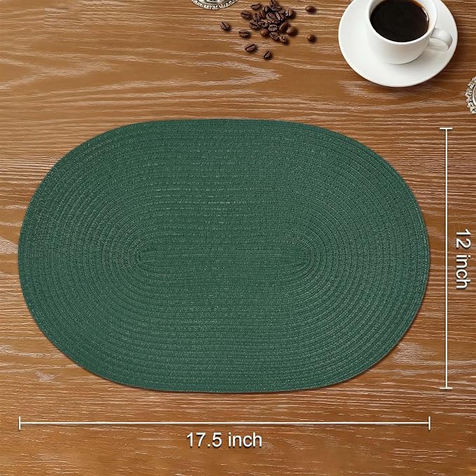 Placemats Set of 6, Woven Oval Braided Dining Table Mats(Sage Green) | 12 x 17.5 Inch Size Fits Plates and Flatware; Hand Washable and Heat Resistant for Kitchen Use, with Farmhouse and Boho Style
