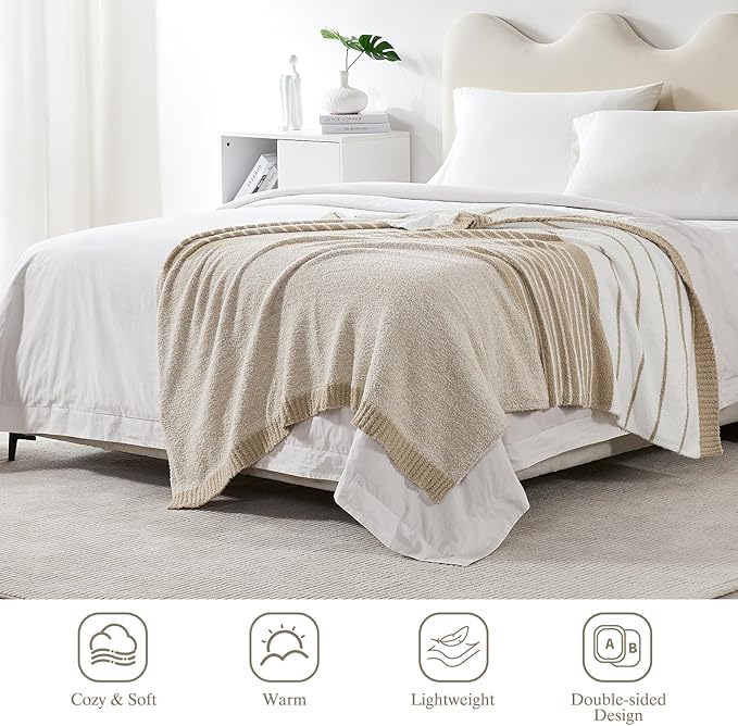 Soft Striped Throw Blanket for Couch, Cozy Warm Knitted Blankets | Lightweight Fuzzy Travel Warm Decor for Women, Mom, Girls, Sofa, Chair, 50x60in, Taupe White