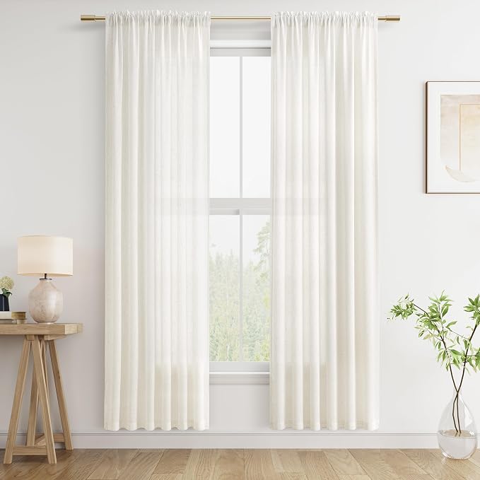 Linen Curtains 80 Inches Long for Living Room Natural Cream Semi Sheer Curtain Rod Pocket 2 Panels Set Boho Farmhouse Light Filtering Window Drapes for Bedroom Beige Ivory 52x80
