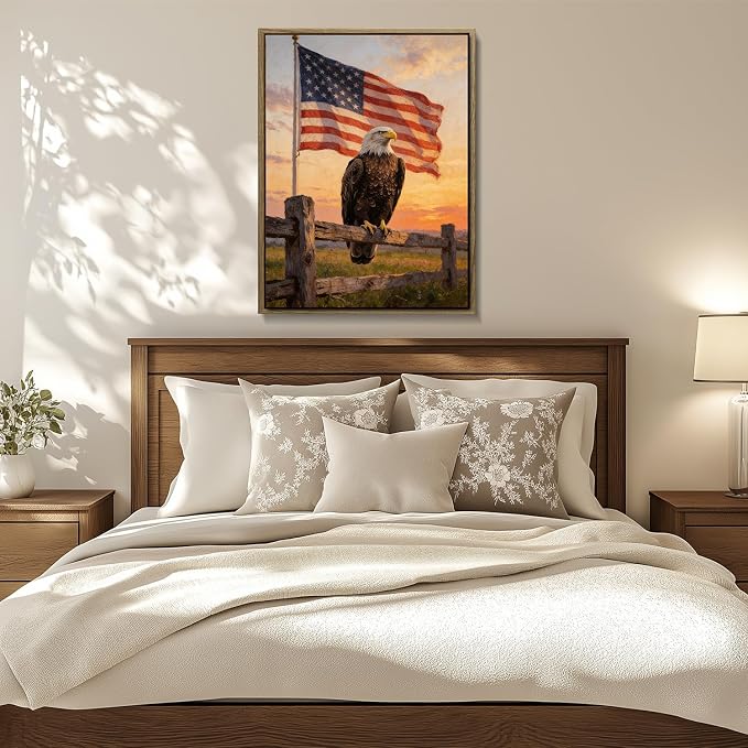 American Flag Framed Canvas Wall Art, 4th of July Patriotic Canvas Prints | USA Flag with Bald Eagle Poster Print, Vintage Independence Day Wall Decor for Bedroom Living Room 24×32in