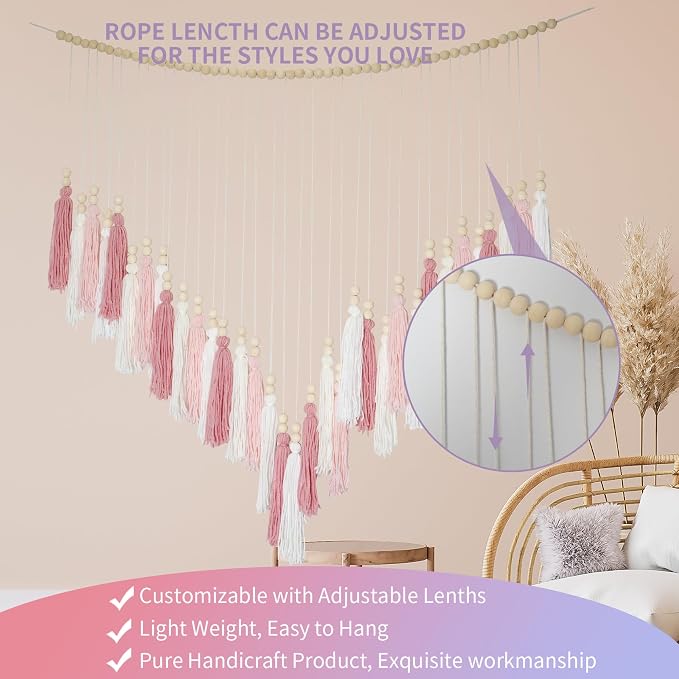 Pink&White Large Macrame Wall Haning Boho Decor,Blush Pink Tassel Wall Decor Bohemian, Pink Bedroom Living Room Girls Room Décor Nursery Dorm Decoration Boho Gift for Girls Woman Gifts