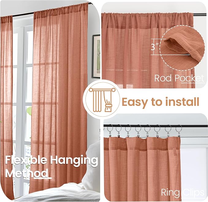 BGment Terracotta Linen Curtains 30 Inch Length for Kitchen Window, Cafe Drapes Semi Sheer Rustic Textured Rod Pocket Lightweight, 2 Panels, Each 30 Inch Wide