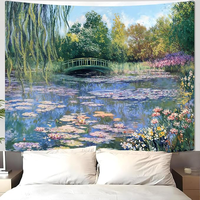 Accnicc Monet Water Lilies Tapestry Green Floral Plant Tapestries Aesthetic Monet Wall Art Posters Nature Flower Garden Landscape Tapestrys for Bedroom Living Room Dorm 80 x 60 Inch
