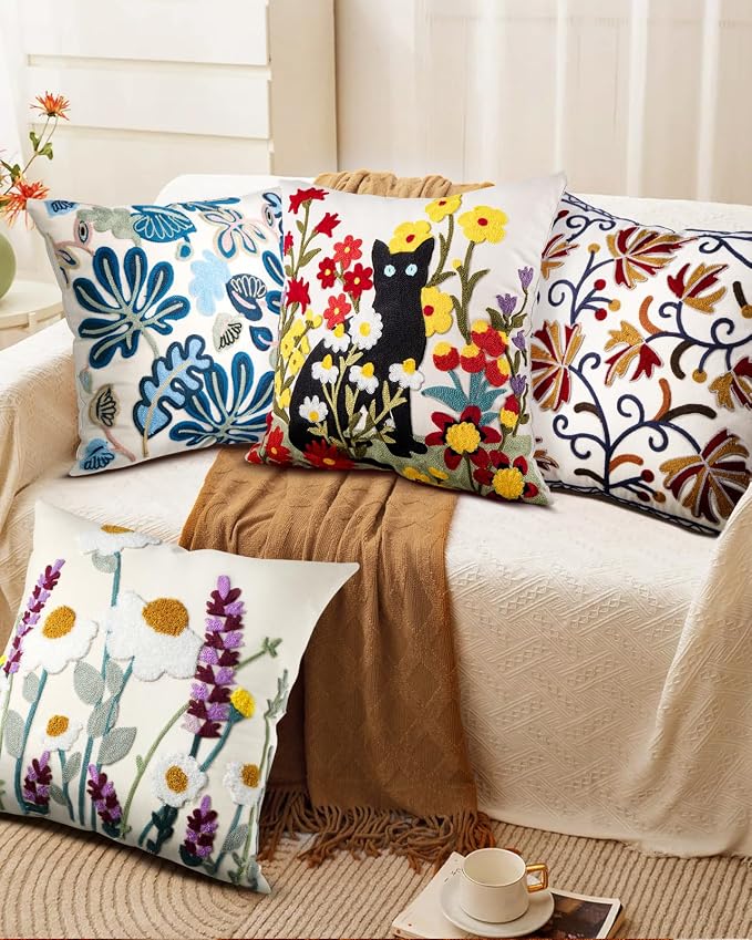 Embroidered Throw Pillow Cover - 18x18 Decorative Pillow Cover with Zipper Aesthetic Cute Design Boho Spring Summer Throw Pillowcase for Living Room Couch Sofa Bed, Flower Cats