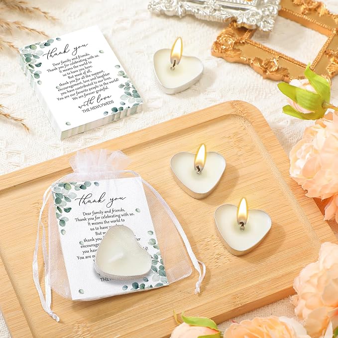 Threlaco 50 Sets Wedding Favors for Guests Bulk Mini Heart Shaped Candles Wedding Party Favors for Guests with Thank You Cards and Organza Bags Bridal Shower Party Souvenir Candle Gifts