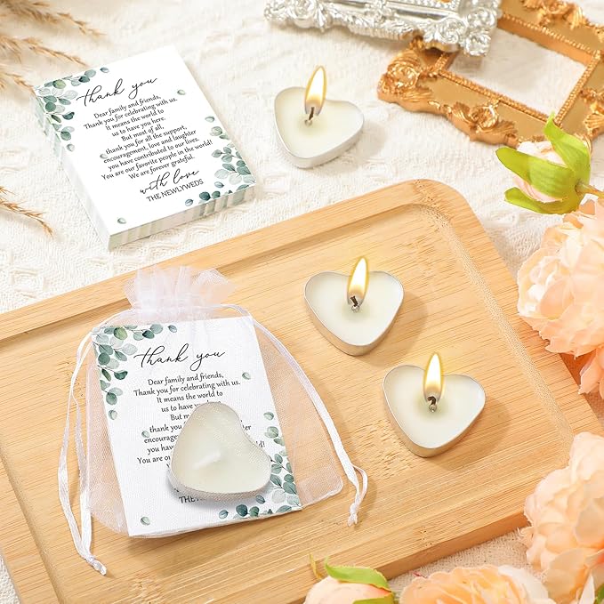 Threlaco 200 Sets Wedding Favors for Guests Bulk Mini Heart Shaped Candles Wedding Party Favors for Guests with Thank You Cards and Organza Bags Bridal Shower Party Souvenir Candle Gifts