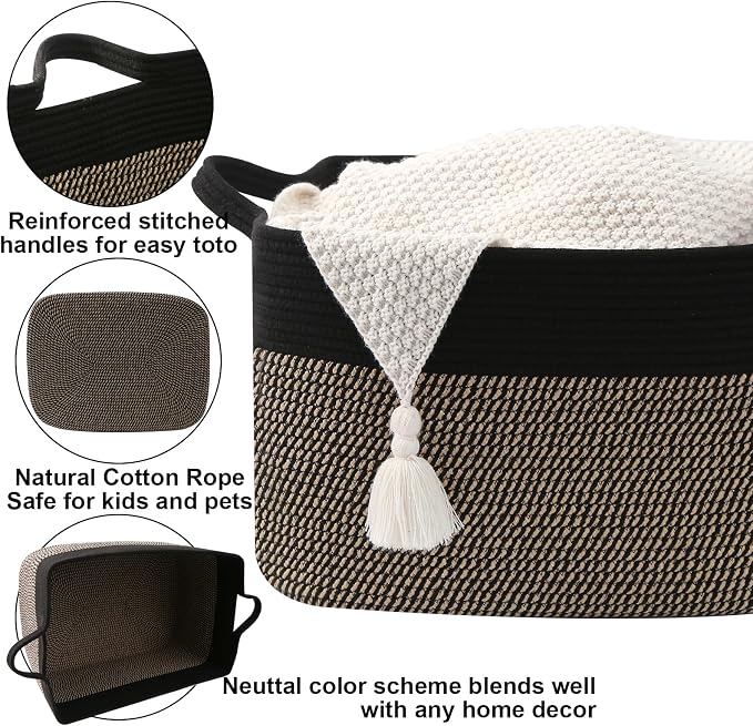 96L Laundry Basket with Handles, Extra Blanket Basket, Black/Jute | 24"×16"×15" Collapsible Cotton Rope Storage Basket for Toys Clothes & Pillows, Nursery, Bathroom, Bedroom, Living Room