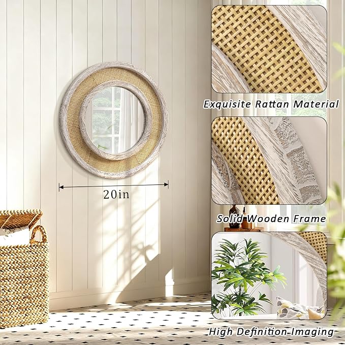 JJUUYOU Round Mirror Wood Frame Circle Hanging Mirrors for Wall Mounted 20 Inch Vintage Mirror for Living Room Bathroom Bedroom Entryway Old White
