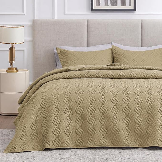 Love's cabin Quilts for Full Bed Camel Bedspreads Bedding Set - Lightweight Bedspread Comforter - Wave Pattern Bedding Coverlet for All Season - 3 Pieces (1 Quilt, 2 Pillow Shams)