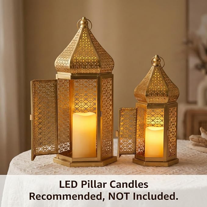 Vela Lanterns Decorative Indoor Gold Moroccan Temple Lanterns, Set of 2