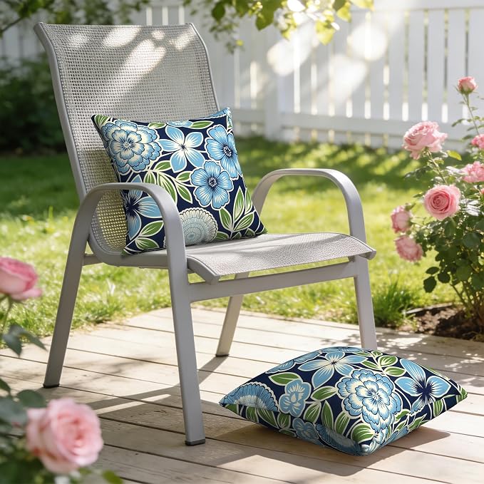 Outdoor Throw Pillow Covers 18x18 Inch, Decorative Pillow Covers for Patio Furniture, Azure Botanical Symphony Modern Cushion Cases for Garden Couch Home Sofa, Pack of 2