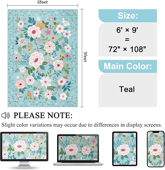 DUKINO 6x9 Area Rugs, Floral Washable Rug for Bedroom Non Slip, Teal | Soft, Low Pile, Large Indoor Rug for Living Room, Dining Room, Kids Room, Office, Pet Friendly, Home Decor, Stain Resistant