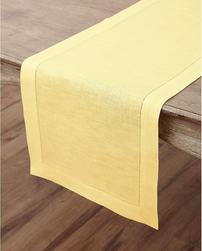 Solino Home 100% Pure Linen Dining Table Runner Yellow Woven, 14 x 132 in | Classic Hemstitch, a graceful centrepiece for dining and gatherings, hemstitched border, mitered corners, OEKO-TEX Certified