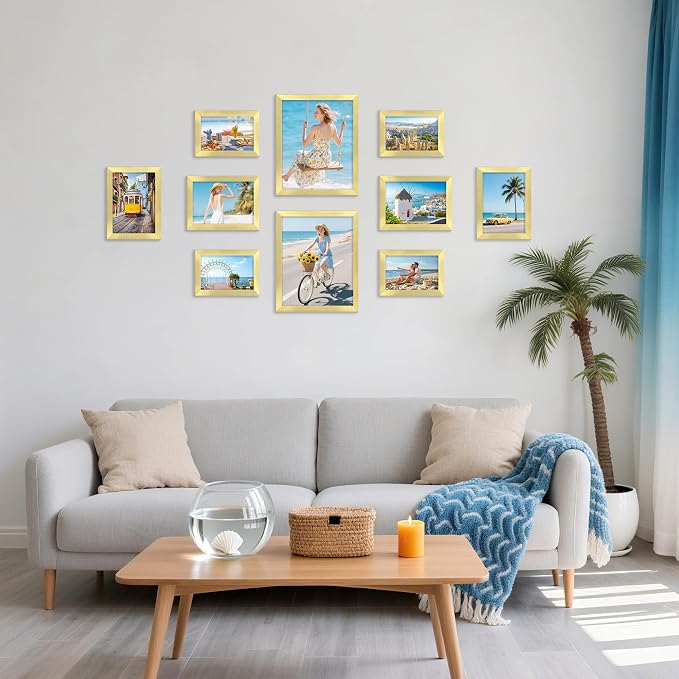 decorUhome 10 Pack Assorted Picture Frame Set for Wall & Tabletop, P0710GD | Gold, Multi Size Picture Frame Includes Two 8x10 / Four 5x7 / Four 4x6 for Family Gallery Wall