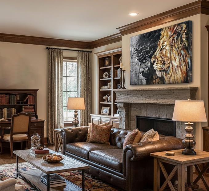 Jesus and Lion Canvas Wall Art for Living Room Bedroom Office Home Decor | Judah and Lion Cathedral Black and White Religious Christianity Picture Wall Decor Poster Print
