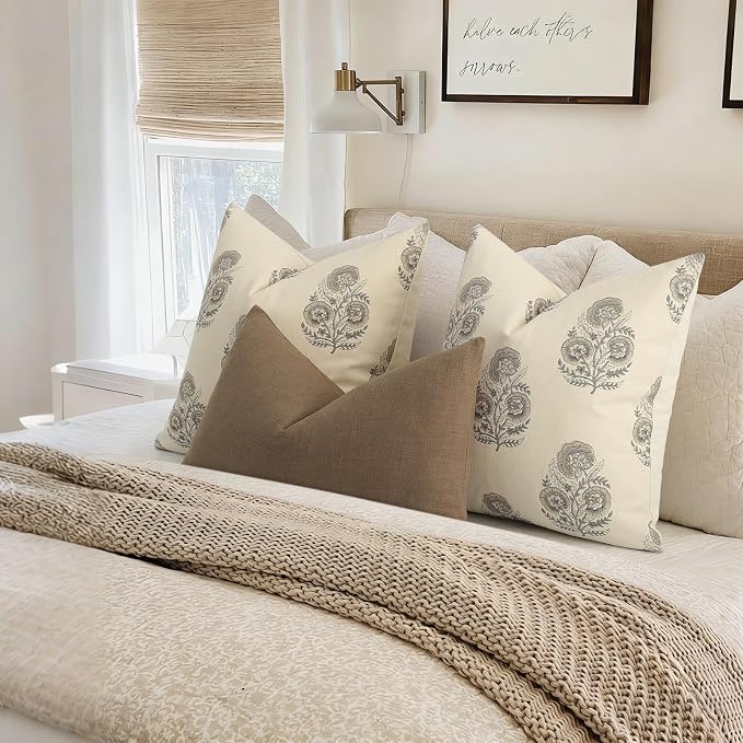 Vintage Floral Print Euro Sham Pillow Covers 24x24 Set of 2 Patterned Accent Decorative Cushion Covers Modern Farmhouse Throw Pillow Covers for Bed Sofa Couch Chair Living Room Home Decor, Light Taupe