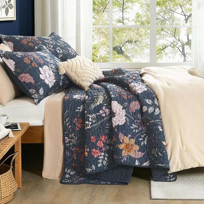 Litanika Floral Dark Blue Quilt - 3Pcs Botanical Birds Pattren Bed Set | Super King Plus Bedspread Summer Lightweight Soft Coverlet with Pink Flower for All Seasons(128"x120")