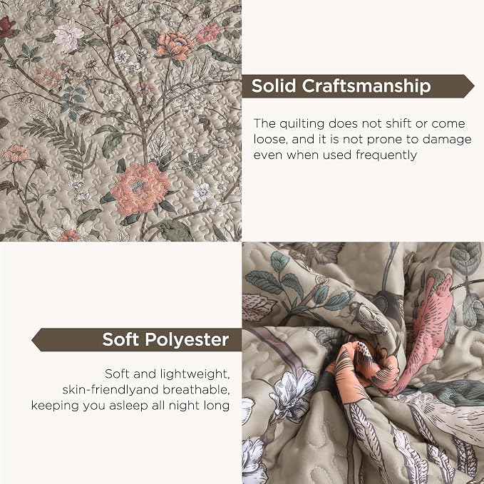Litanika Floral Oatmeal Quilt Oversized King - 3Pcs Botanical Birds Bed | Super King Plus Bedspread Summer Lightweight Soft Coverlet with Orange Flower for All Seasons(128"x120")