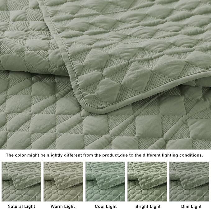WDCOZY Oversized California Cal King Size Quilt Bedding Sets with 2 Pillow Shams, Sage Green Lightweight Soft Bedspread Coverlet Bed Cover, All Season Spring Summer, 3 Pieces, 116x106 inches