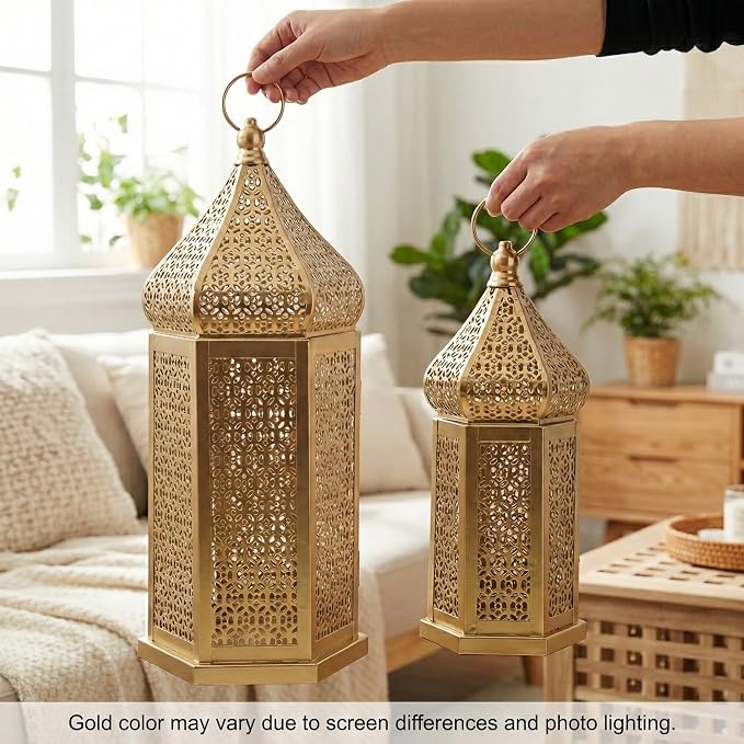 Vela Lanterns Decorative Indoor Gold Moroccan Temple Lanterns, Set of 2
