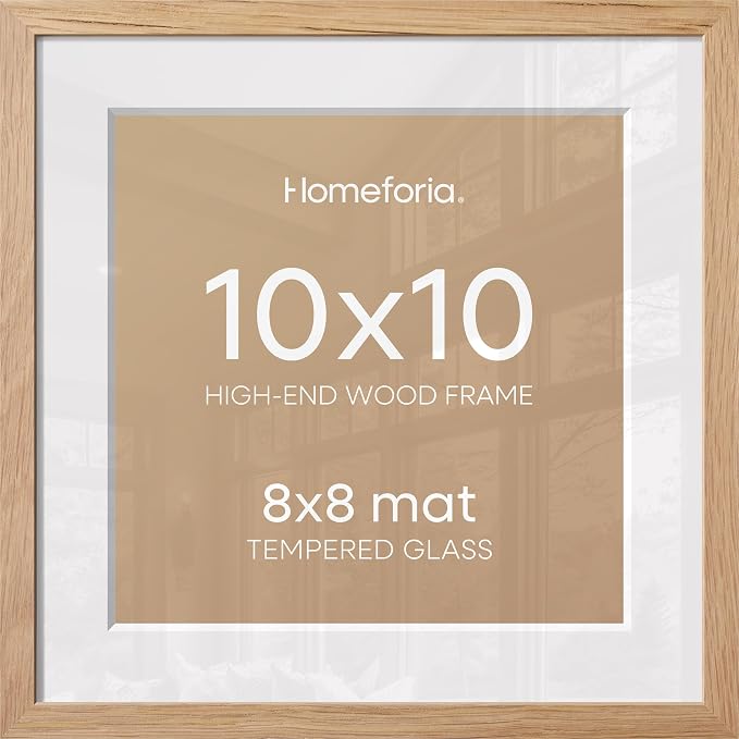 Homeforia 10x10 Natural Oak Picture Frame, High-End Wood, 8x8 Mat, Glass
