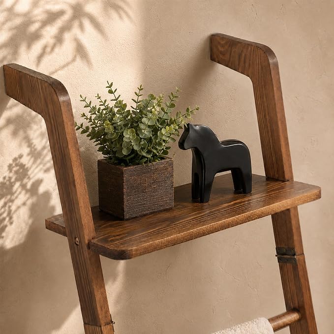 Blanket Ladders for the Living Room, 6 Tier Quilt Ladder with Shelf | Ladder Shelf Rack, Pine Wood, 2 Side Hooks, Non-Slip Stable, Polished Smooth, Retro Brown, Farmhouse Style, Easy to Assemble