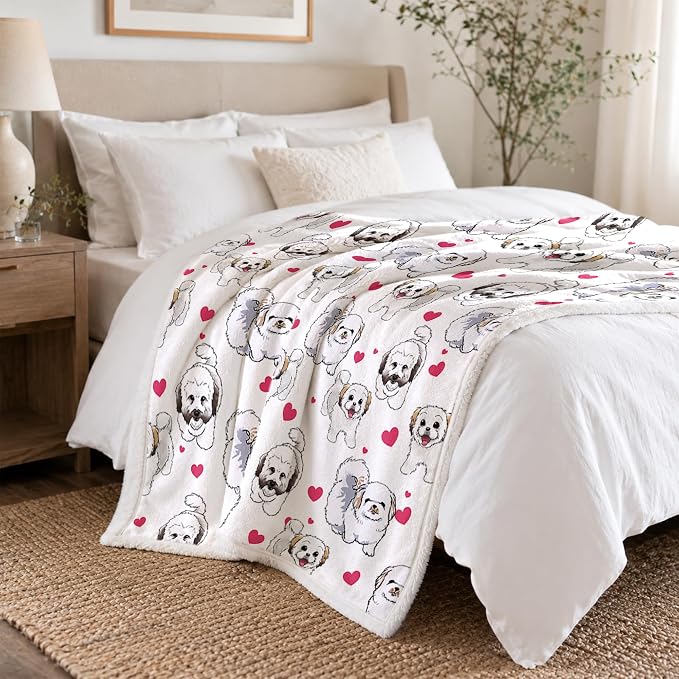 BlessLiving Throw Blanket, White Dog Animal Snowball, 50x60 Inches | sherpa fleece fabric, Shih Tzu Dense Pet Blankets Puppy print, for couch or sofa, pet lovers, easy machine care