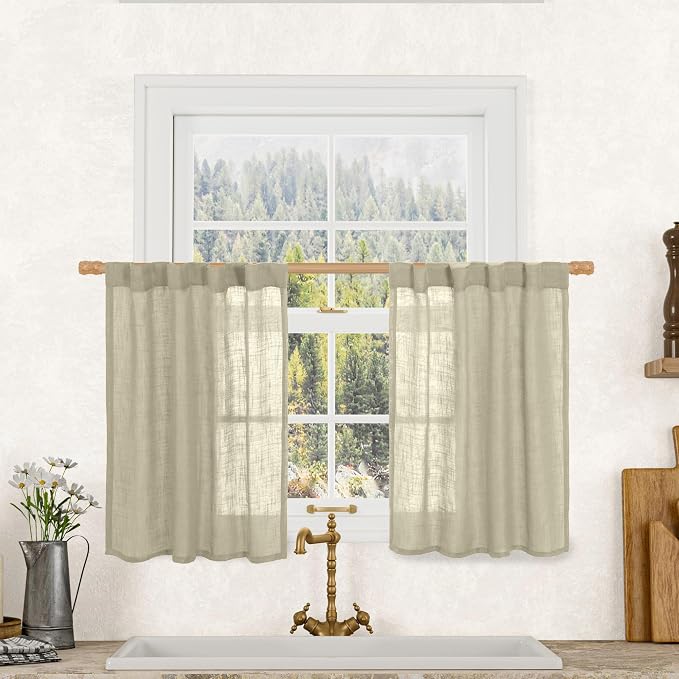 36 Inch Length Linen Semi Sheer Curtains for Small Windows 2 Panels | Semi Sheer, Light Filtering Panels, Rod Pocket Back Tab, Country Decor Drapes for Basement, Kitchen, Oatmeal, 34 x 36 Inch