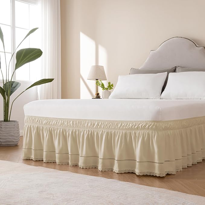 MIYE Wrap Around Ruffled Lace Bed Skirt, Elastic Dust Ruffle with Adjustable Belts, Easy to Put On, Bed Frame Cover, Machine Washable (Floral Lace/Light Beige, King/Queen-12.5" Drop)