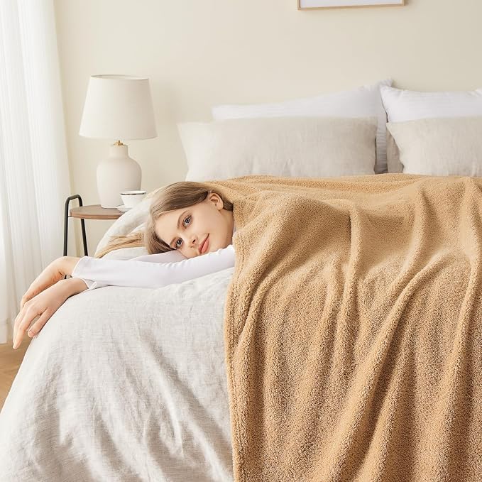 NEWCOSPLAY Knitted Throw Blanket for Couch Sofa Bed, Khaki, 90"x90" | Super Soft Plush, Fuzzy Fluffy Microfiber, Lightweight Cozy Blanket for Room Decor, All Season Use