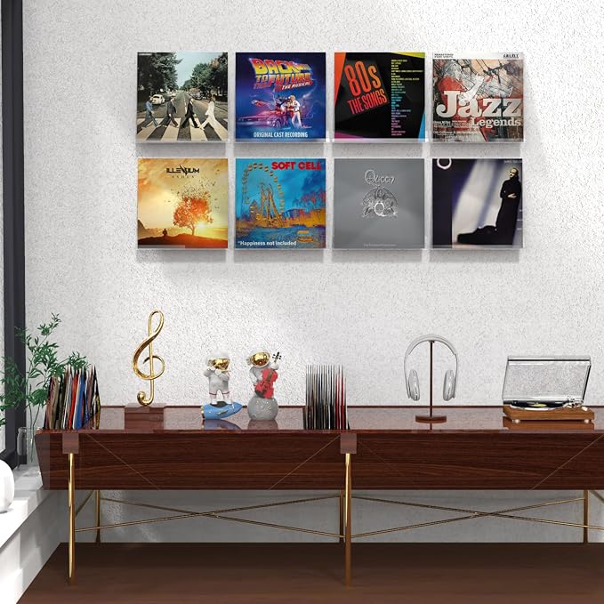 ILYXY Clear Acrylic Vinyl Record Holder – 8 Pack 12-Inch Wall Mount Shelves, Album Display Frames for LP Records, Decorative Rack for Collectors & Vinyl Lovers