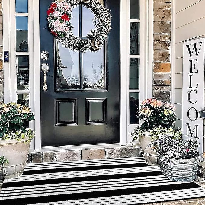 Black and White Outdoor Rug 3'x 5',Striped Farmhouse Front Porch Mat | Machine Washable Hand-Woven Outdoor Front Porch Rug Combined Use With Hello Welcome Mat