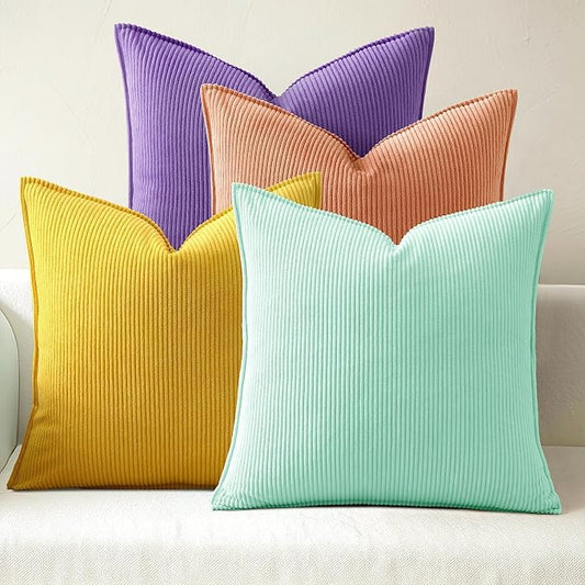 Pack of 4 Throw Pillow Covers Corduroy 18x18 Inch,Macaron | Decorative Velvet Couch,Summer Cases Square,Farmhouse Boho Cushion Covers for Sofa Bed Living Room Home Decor & Office
