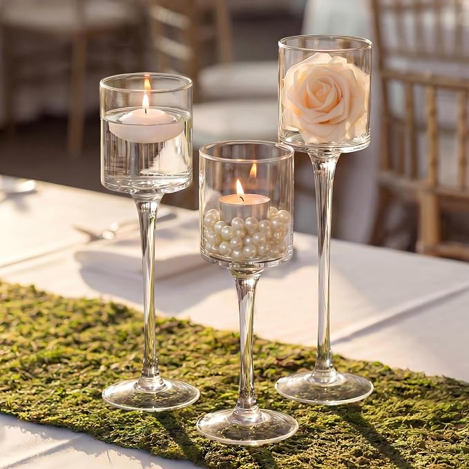 NUPTIO Glass Candle Holders, Set of 3 Stemmed Holders for Floating Candles