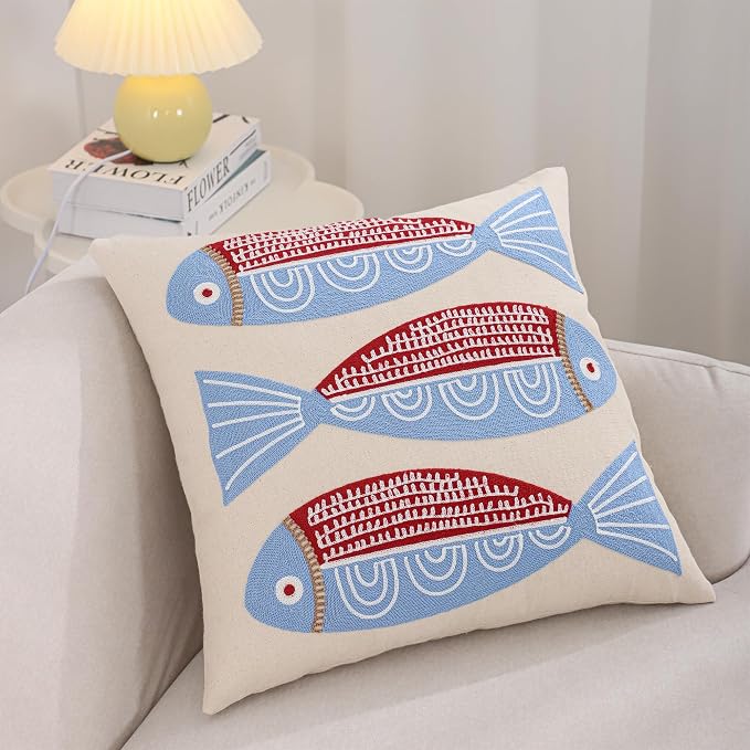 LUOYEHK Summer Embroidered Throw Pillow Covers 18x18 Inch Pack of 2 Coastal Canvas Beach Cushion Covers for Couch Sofa Bed Living Room (Red Fish)