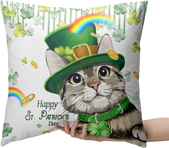 Happy St Patricks Day Pillows Covers 16x16 Pack of 2 Lucky Cat Clover Pillow Covers Rainbow Gold Coin Shamrock Decorative Pillow Cases Cushion Case for Living Room Couch Sofa