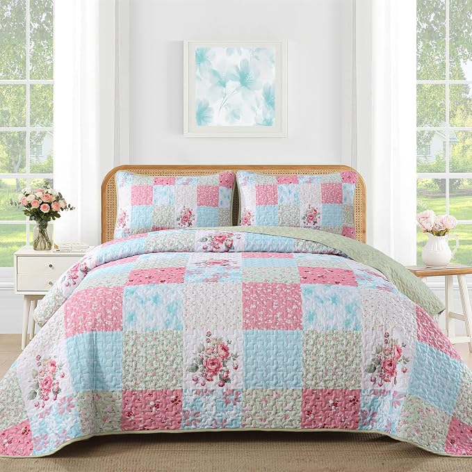Mybedsoul Boho Quilt King Size, Patchwork Floral Bedding Set, Blue Pink | Soft Lightweight Microfiber Coverlet Set, 3 Pieces Plaid Reversible Bedspread, Bed Sets for All Seasons 90"x110"