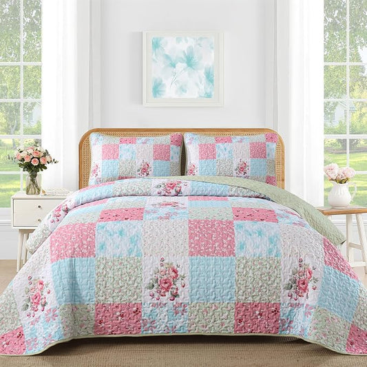 Mybedsoul Boho Quilts Queen Size, Patchwork Bedding Set, Blue Pink | Soft Lightweight Microfiber Floral Coverlet Set, 3 Pieces Plaid Bedspread, Bed Sets for All Seasons 96"x90"
