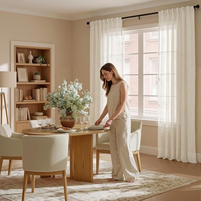 NICETOWN Linen Blend Semi Sheer 108 inch Curtains, Grommet Thick Flax Linen Weave Drapes Privacy with Light Filtering Drapes Airy & Elegant for Bedroom/Living Room, W52 x L108, 2 Panels