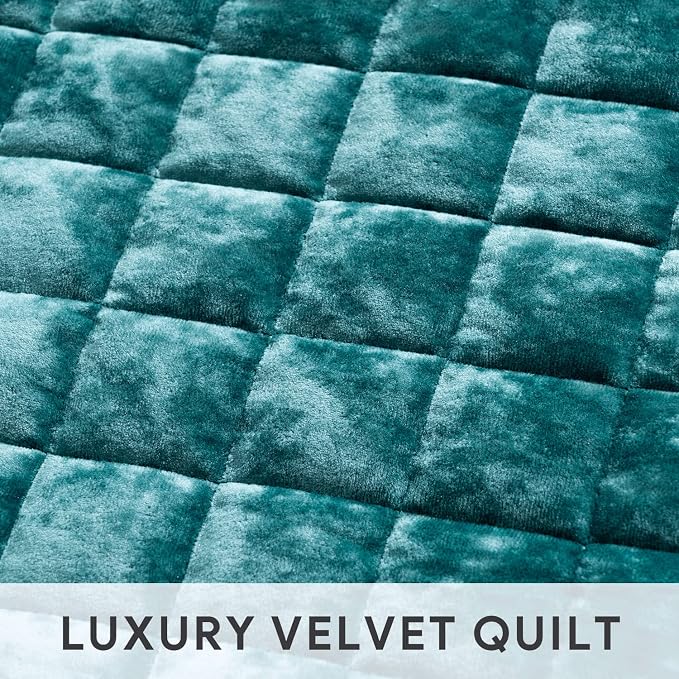 RECYCO Channel Box Stitch Velvet Quilt Set, King Size, Teal | Ultra Soft Lightweight Velvet Comforter, Luxury Oversized Bedspread Coverlet, Quilted Bedding Set for All Season with 2 Shams