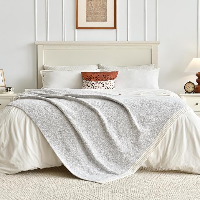 Chunky Knit Boucle Throw Blanket, Soft Washable Coastal Blanket for Bed Couch, Lightweight Cozy Oversized Feather Knit Blanket Indoor Outdoor for Sofa (Grey, Twin 60"x80")