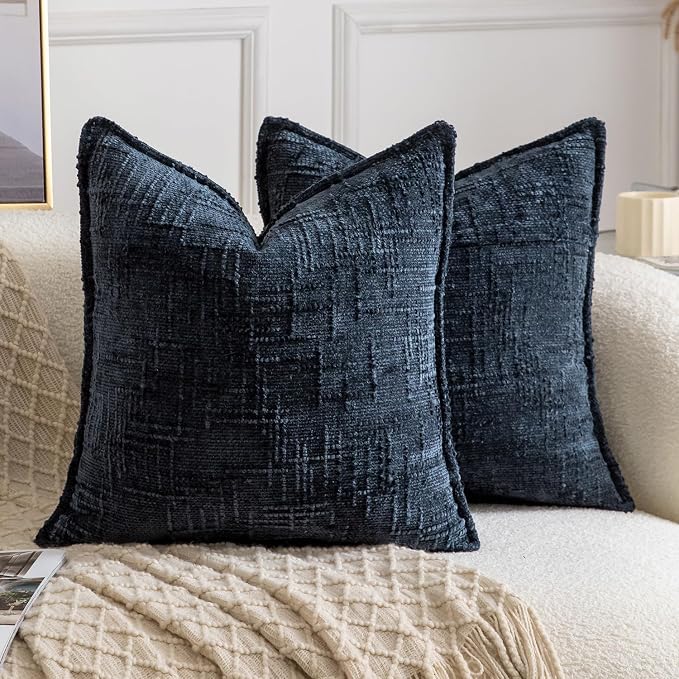 MADIZZ Pack of 2 Chenille Throw Pillow Covers 24x24 Inch Dark Blue Soft Neutral Decorative Throw Pillows for Couch Sofa Boho Accent Cushion Covers Modern Farmhouse Home Decor for Bedroom Living Room