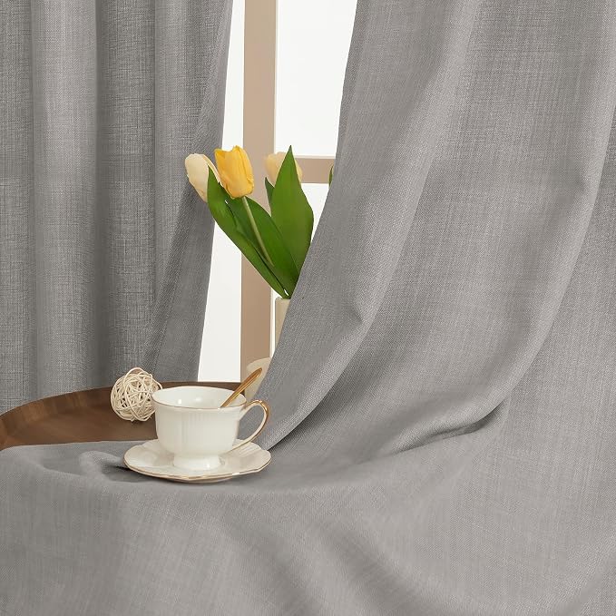 Grey Semi Sheer Linen Curtains 90 Inch Long for Bedroom 2 Panels | Thick Linen Textured, Burlap Curtains, Light Filtering, Privacy Drapes for Living Room, French Door, Grommet, 52 x 90 Inch
