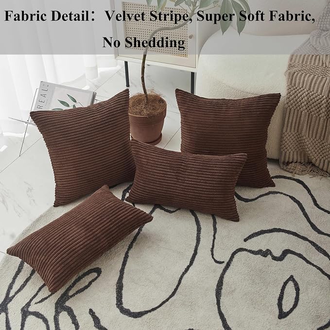 Home Brilliant 24x24 Pillow Covers Set of 2 Striped Corduroy Plush Velvet Euro Sham Large Throw Pillow Cover for Chair, 24 x 24 inch, Brown