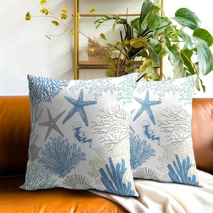 Coastal Nautical Throw Pillow Cover 18x18 inch Set of 2 Beach Themed Sea Coral Nautical Blue Pillowcases Ocean Summer Cotton Cushion Covers for Bed Sofa Room Decor
