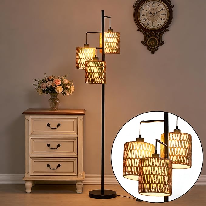 Maxax 65" Boho Rattan Floor Lamp for Living Room, 3 Lights Farmhouse Tree Standing Lamp with Rattan Shades, Multi Head Vintage Tall Floor Lights for Bedroom, Living Room, Office