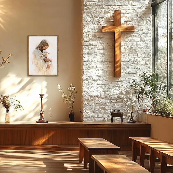 Jesus and Lamb Wall Art, Christian Good Shepherd Wall Decor Picture, Religious Faith Poster Painting Canvas Print for Living Dining Prayer Room Bedroom 16x24 inch Wood Framed